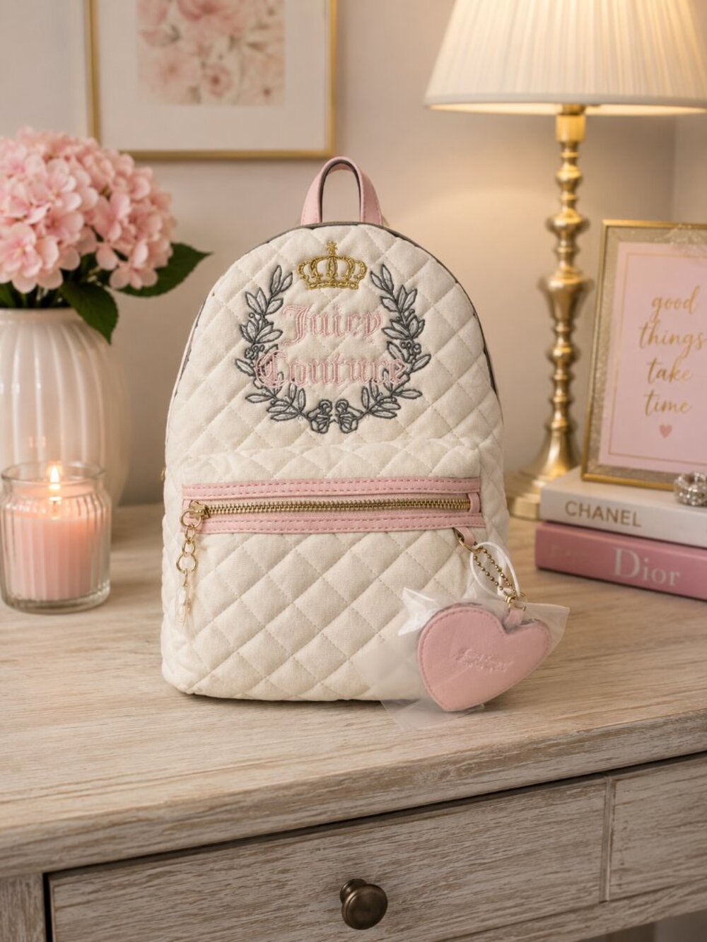 Juicy Couture Royal Moment Quilted Velour Medium Backpack Pink Heart NWT